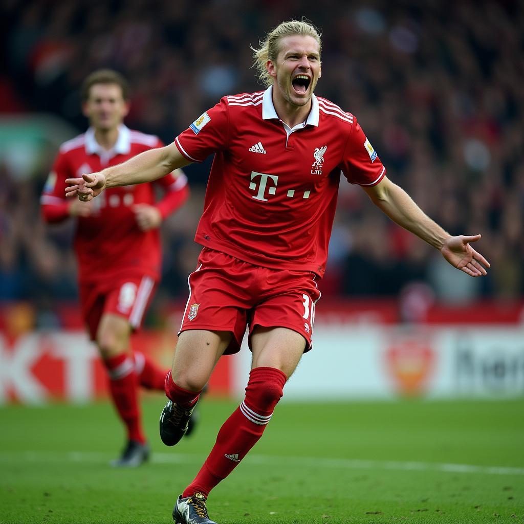 Haaland celebrates a goal against Liverpool