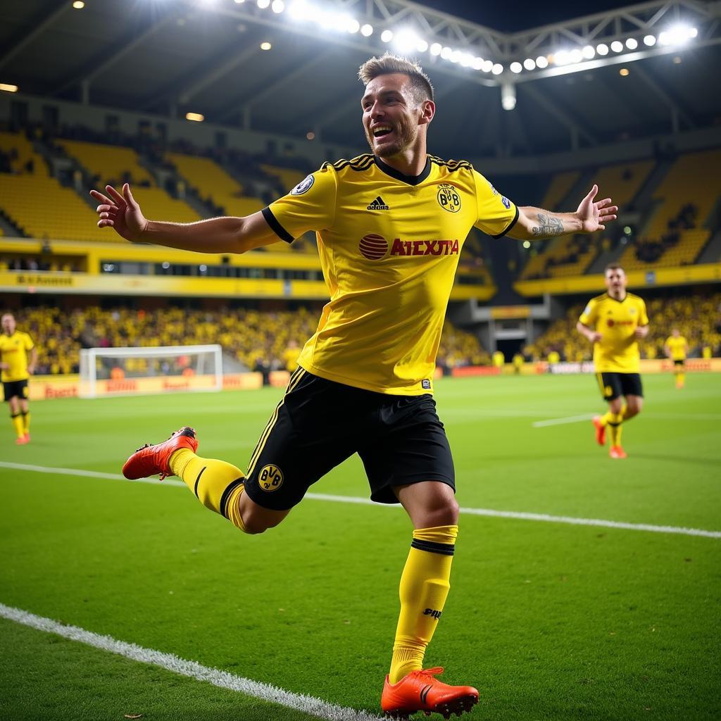 Haaland celebrating a goal in front of the Yellow Wall.