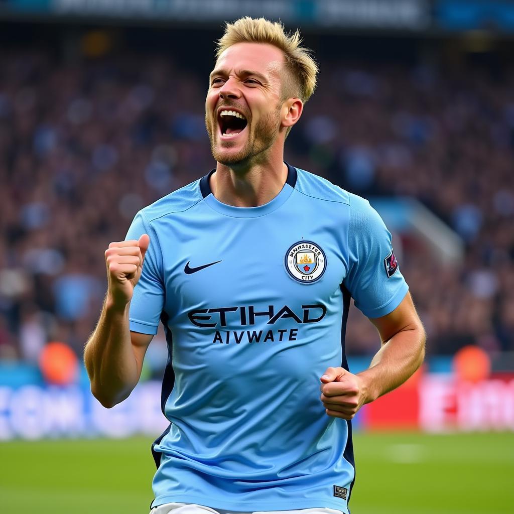 Haaland celebrating a goal while wearing his Manchester City camisola