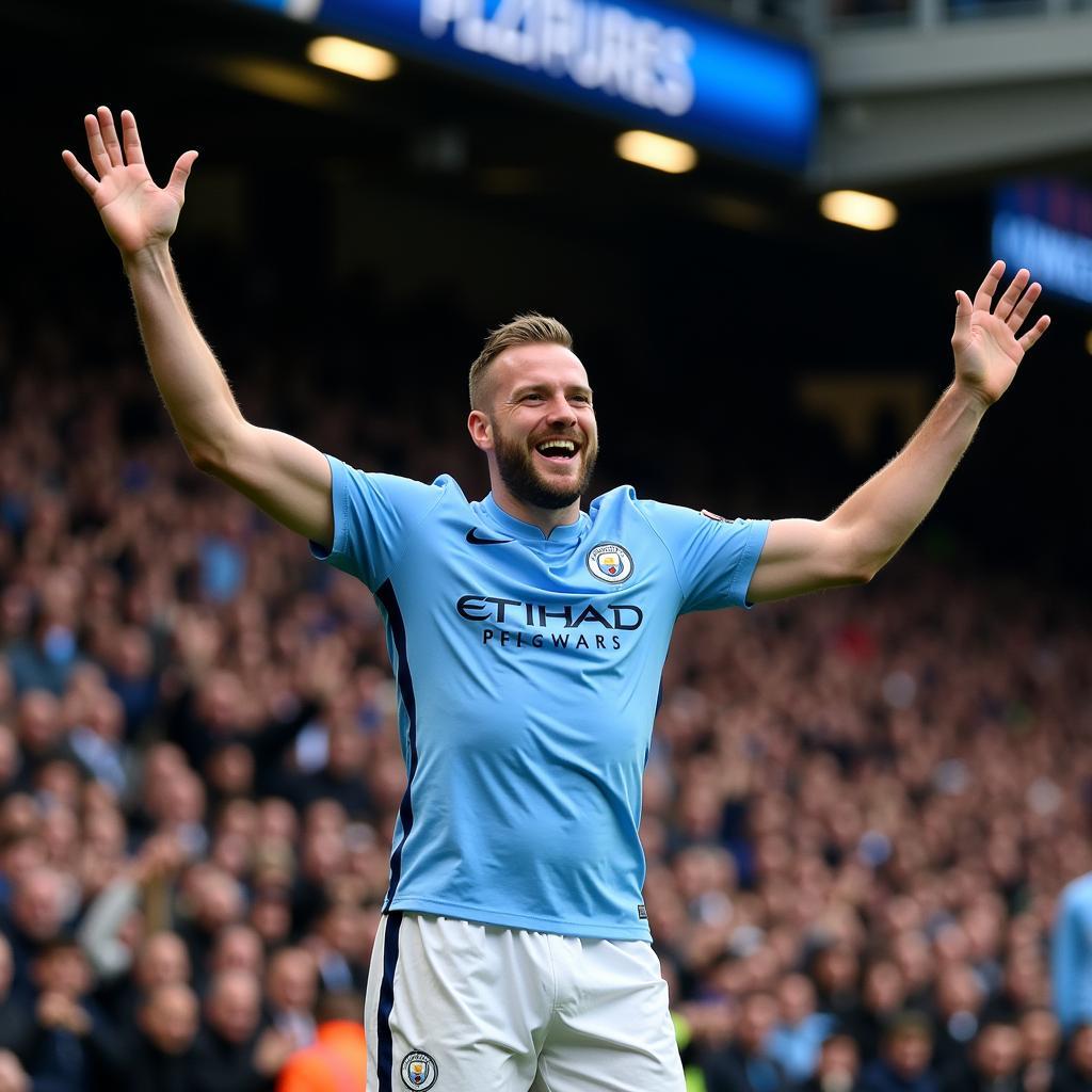 Erling Haaland celebrates a goal for Manchester City at the Etihad Stadium