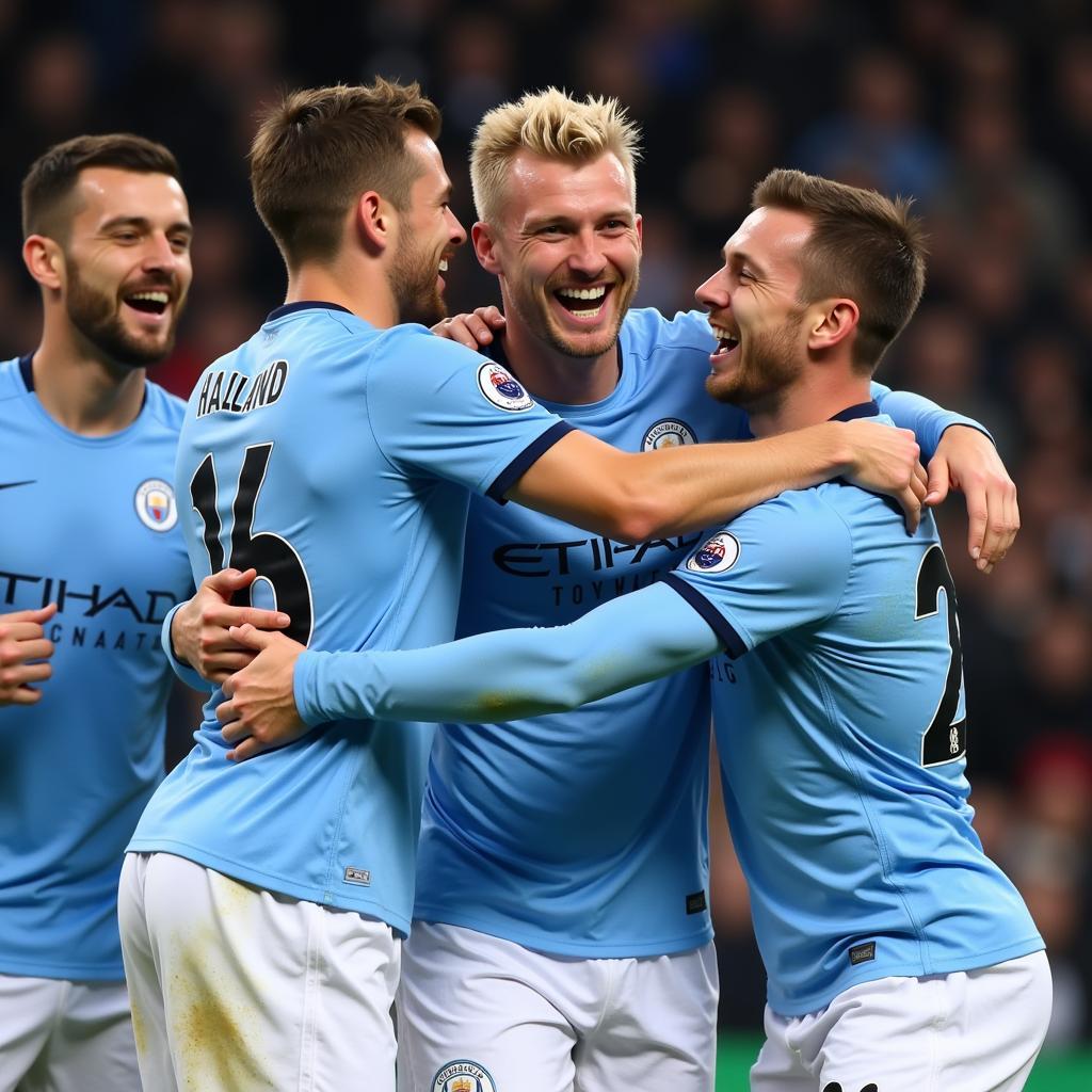 Haaland Celebrating a Goal with his Manchester City Teammates