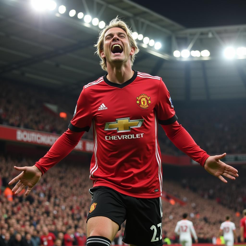 Haaland celebrating a hypothetical goal at Old Trafford