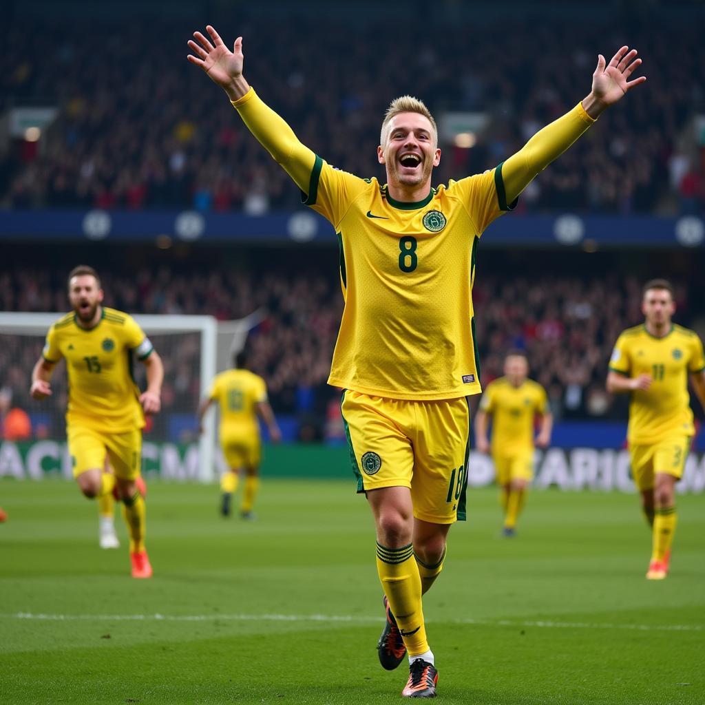 Erling Haaland celebrates a Premier League goal with his teammates.