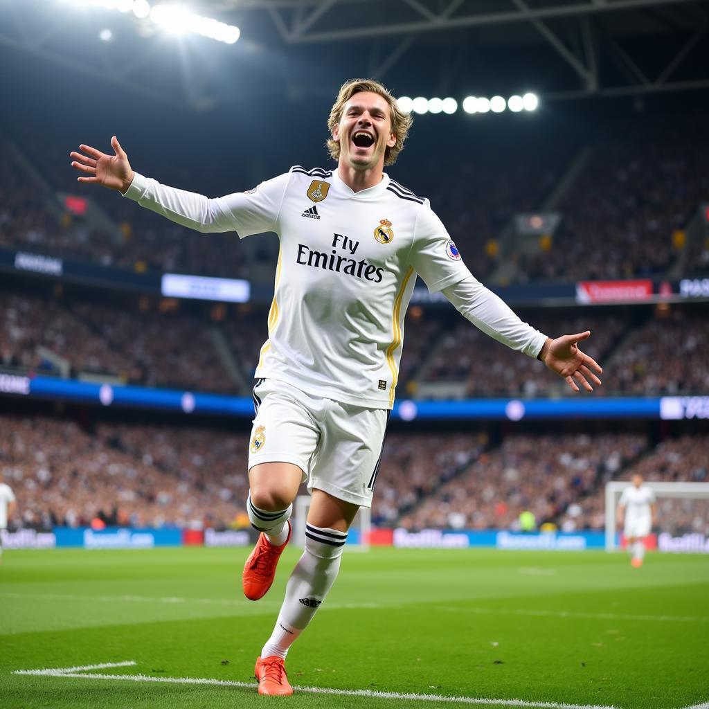 Haaland celebrating a goal at the Santiago Bernabeu Stadium