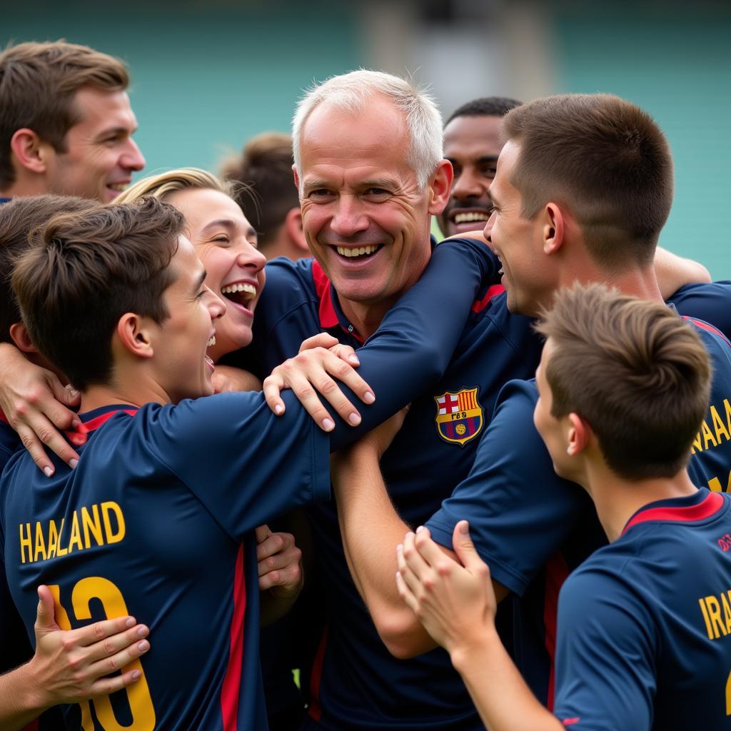 Erling Haaland celebrates a goal with his teammates, smiles all around as they embrace him after a crucial victory.