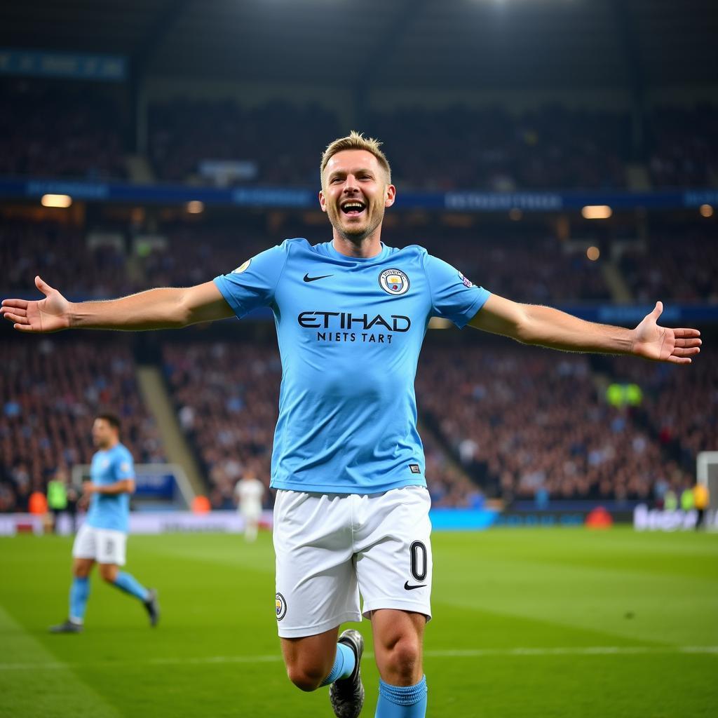 Erling Haaland celebrating a goal in the Man City third kit