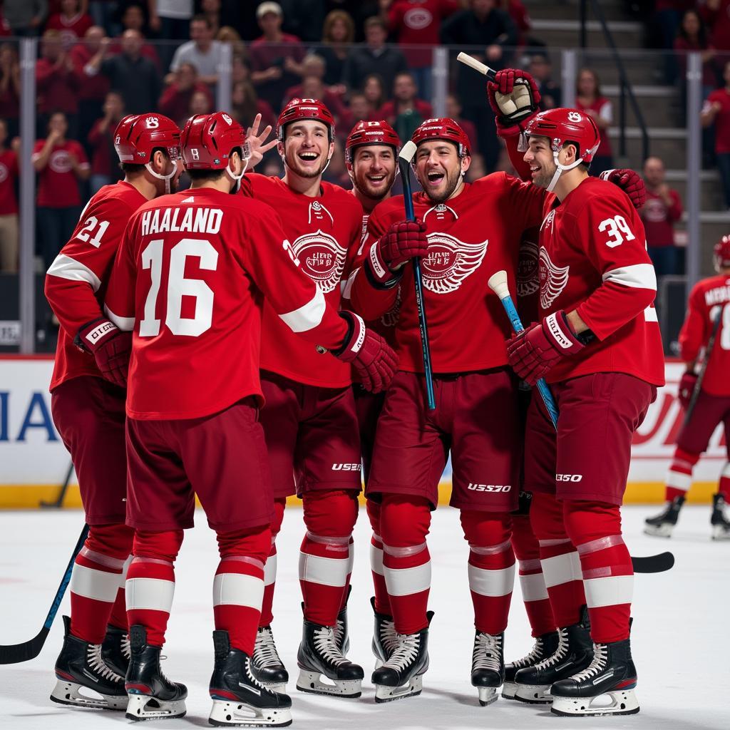 Erling Haaland celebrates with teammates, highlighting his team contribution and leadership qualities.