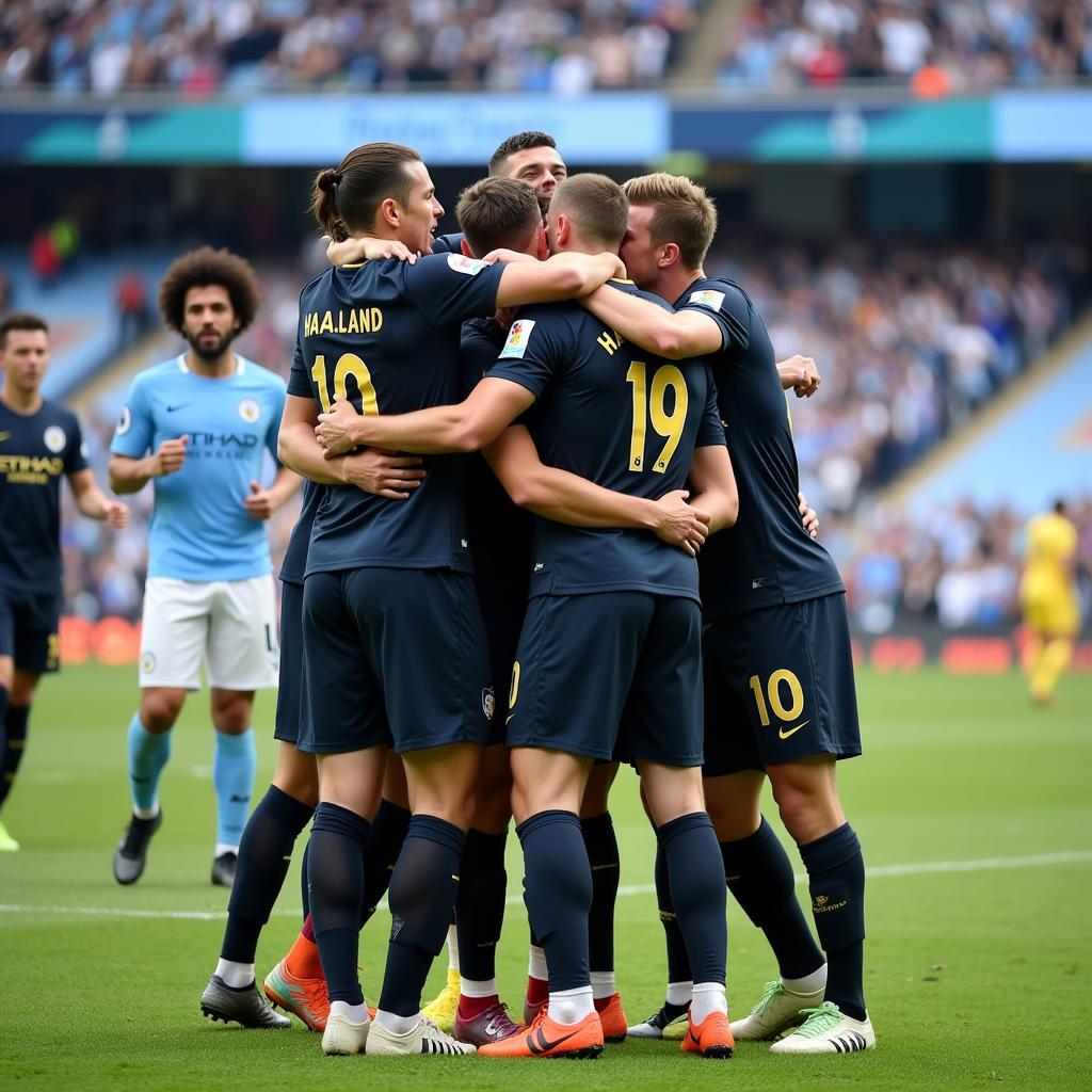 Haaland celebrates a goal with his Manchester City teammates