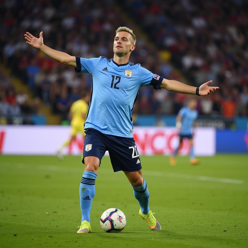 Erling Haaland in his signature meditative goal celebration pose