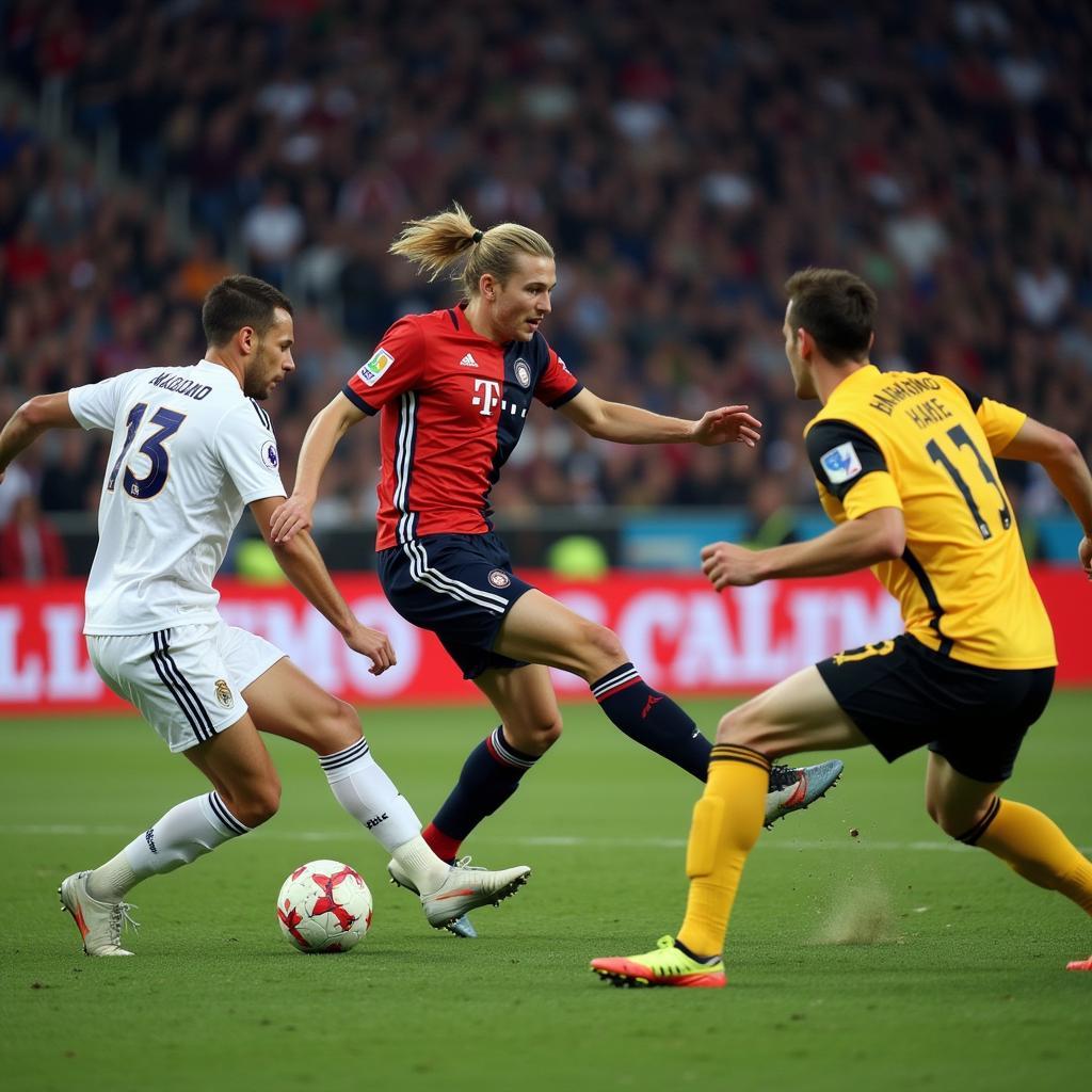 Erling Haaland challenging Real Madrid's defense