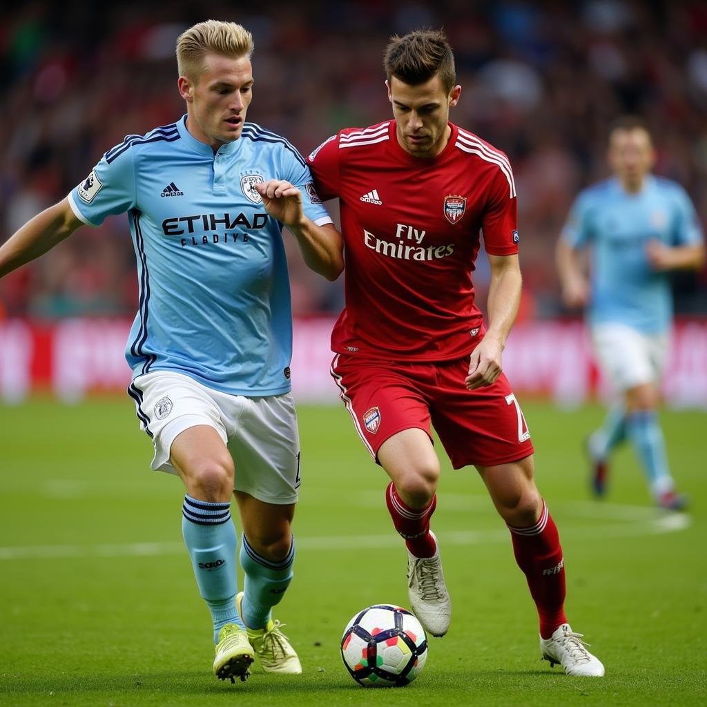 Haaland challenging a defender for the ball