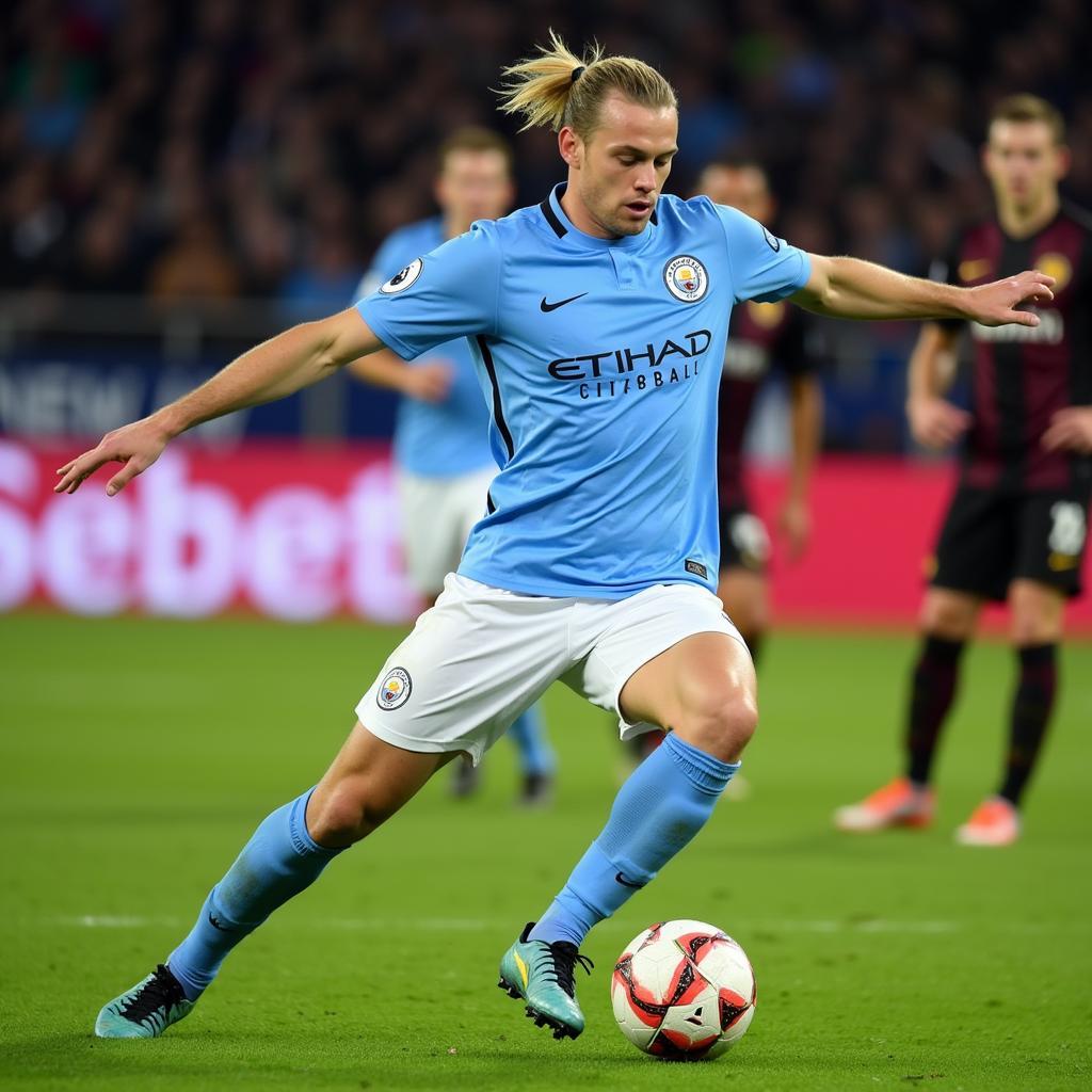 Erling Haaland competing in a Champions League match for Manchester City.