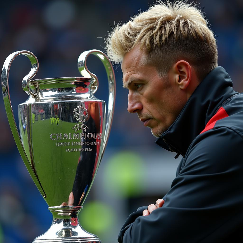 Haaland looking towards the Champions League trophy