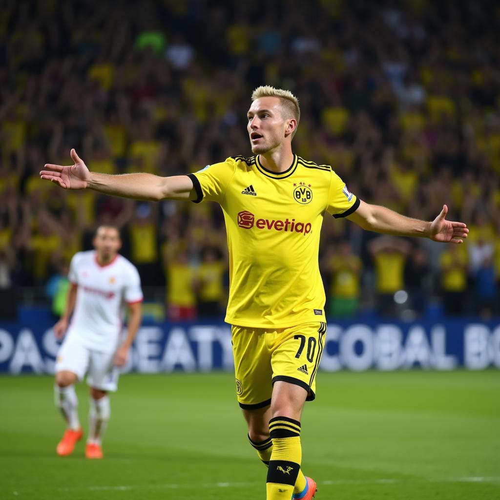 Haaland celebrating a Champions League goal for Borussia Dortmund