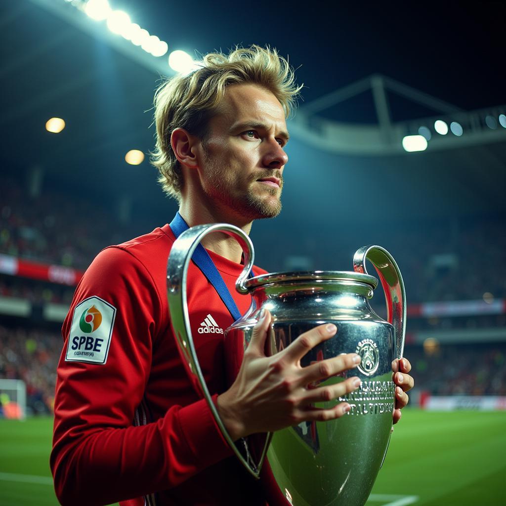 Haaland holding the Champions League trophy