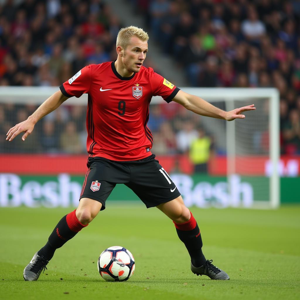 Erling Haaland striking the ball powerfully during a Champions League game