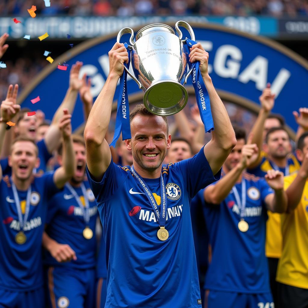 Haaland lifting the Champions League trophy in a Chelsea jersey