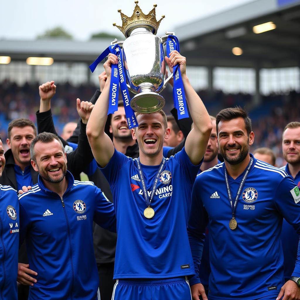 Haaland lifting a trophy with Chelsea