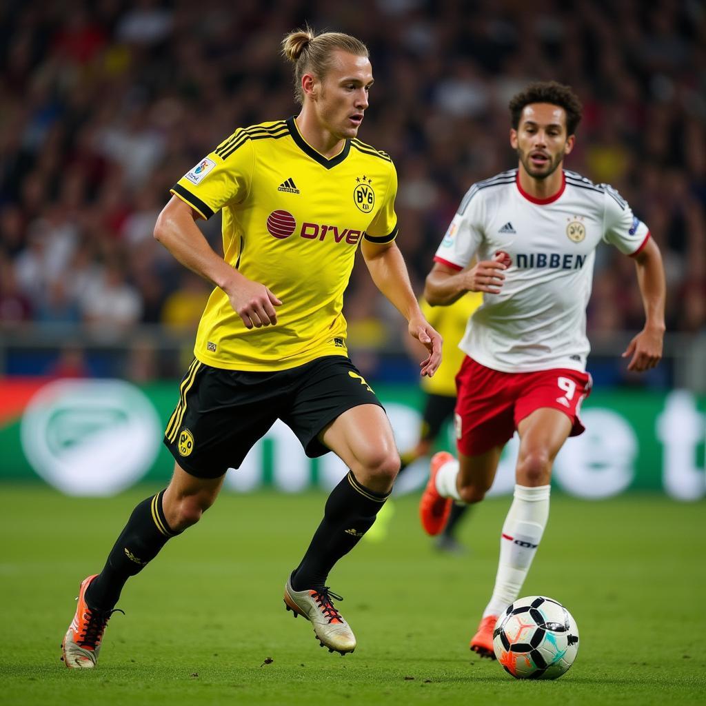 Haaland in action wearing the Dortmund number 9 jersey