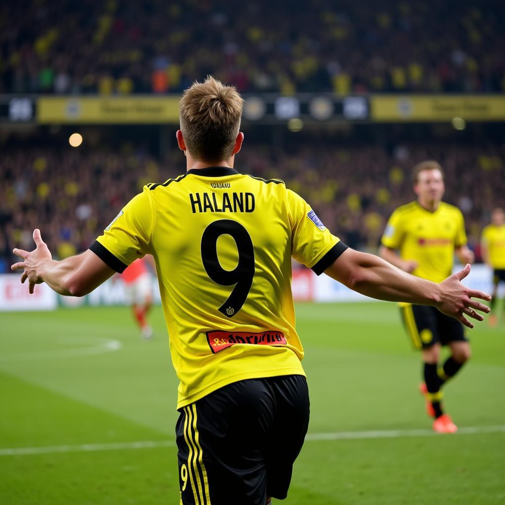 Erling Haaland celebrating a goal in his Dortmund number 9 shirt