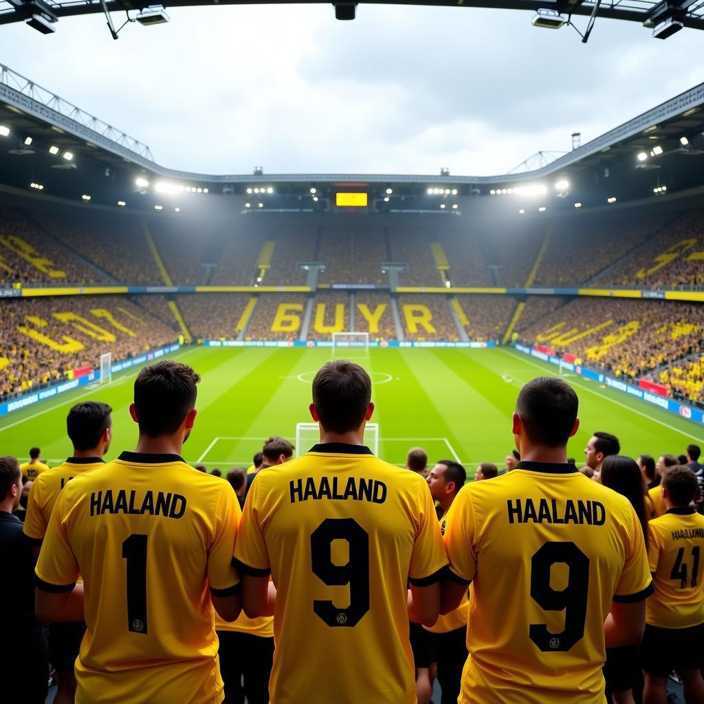 Dortmund fans wearing Haaland number 9 jerseys