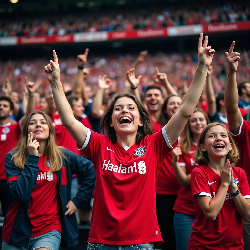 Fans wearing Haaland football kits celebrating in a stadium