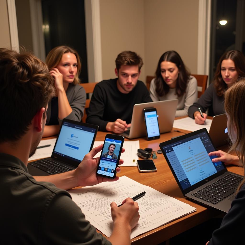 A group of friends gathered around a table drafting their fantasy football teams, with one person holding up a phone displaying Erling Haaland's player profile.