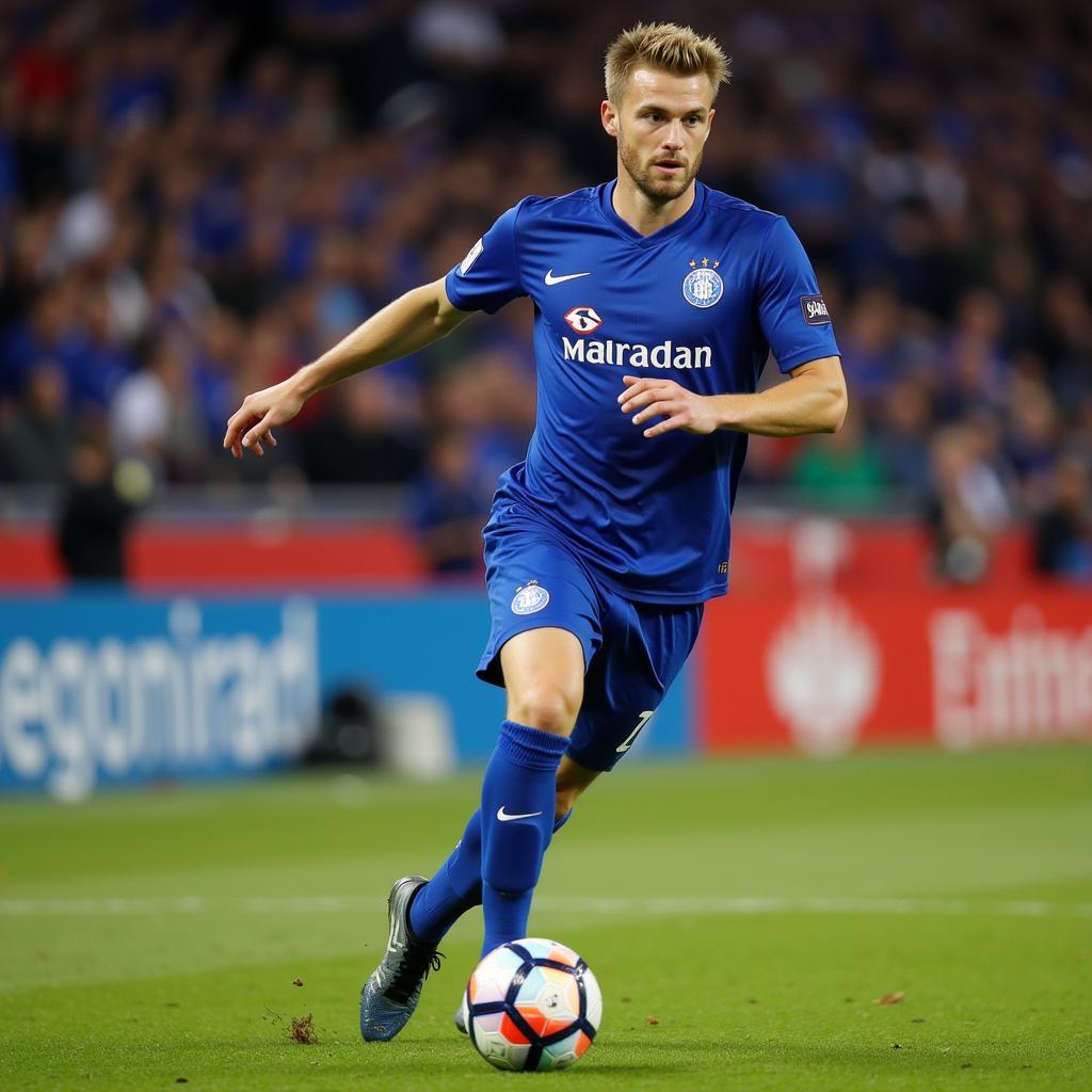 Erling Haaland eyes the ball with intense focus during a Premier League match.