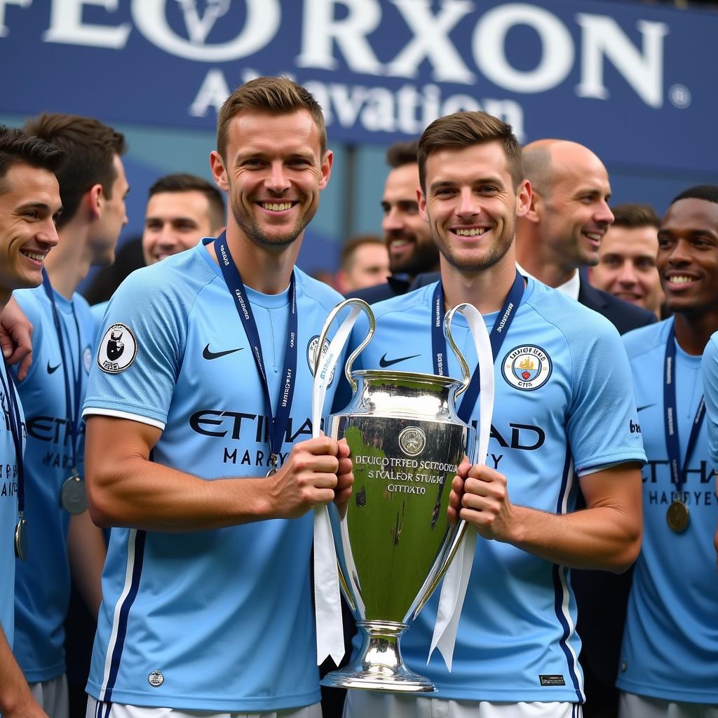 Haaland and Foden holding the Champions League trophy