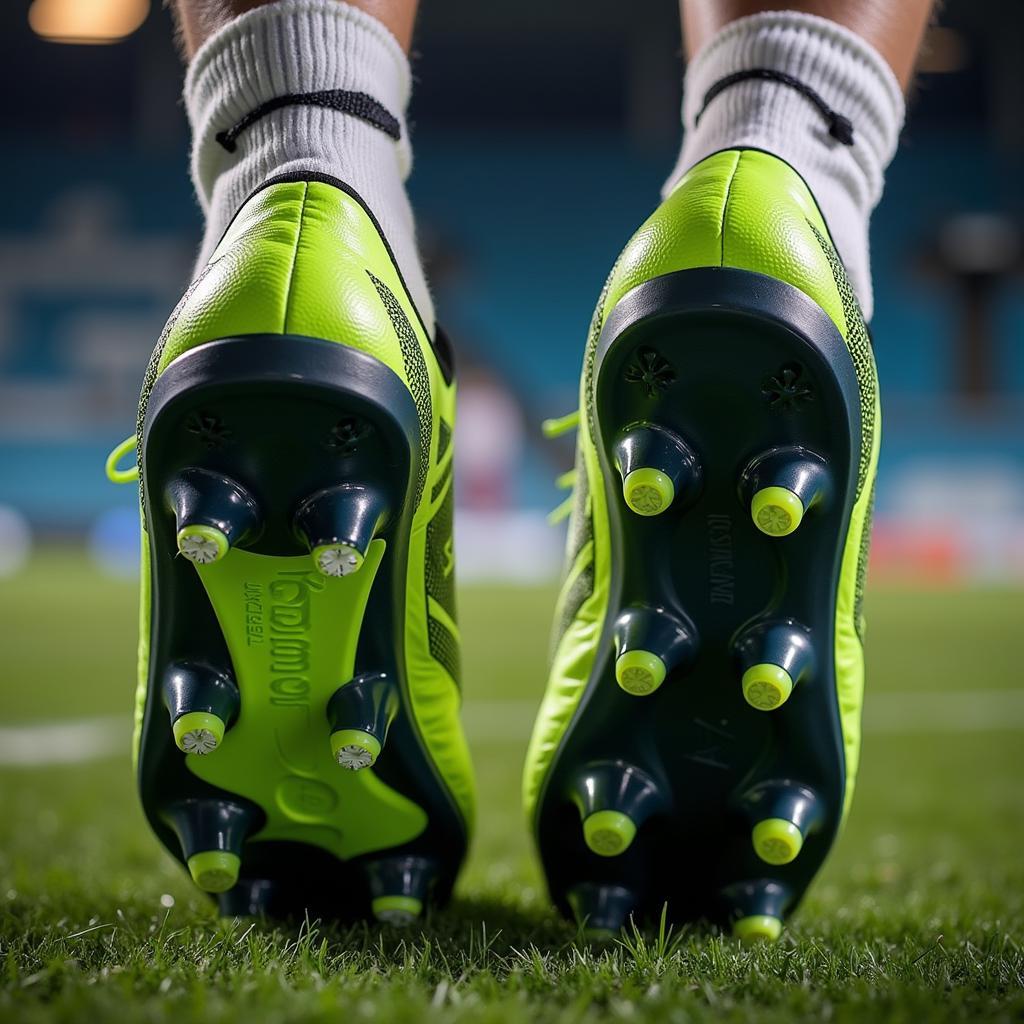 Close-up view of Erling Haaland's 2023 football boots showcasing the stud pattern and material.