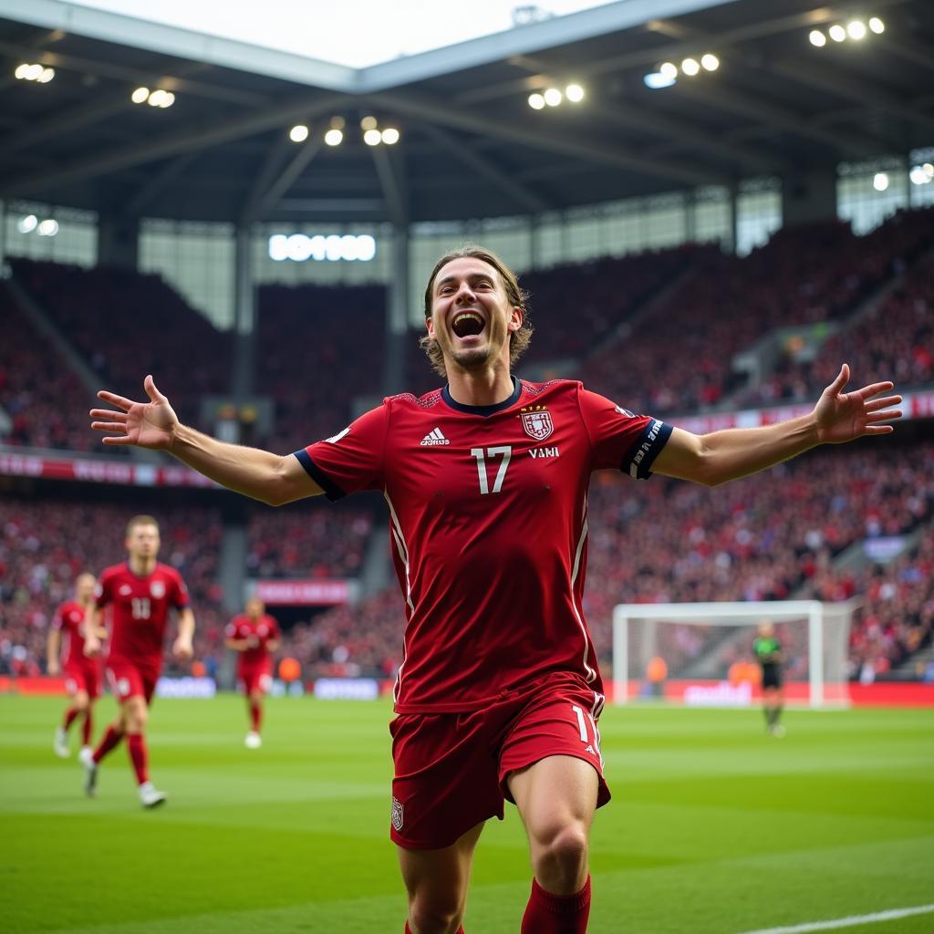 Haaland celebrating a goal for Norway in the future.