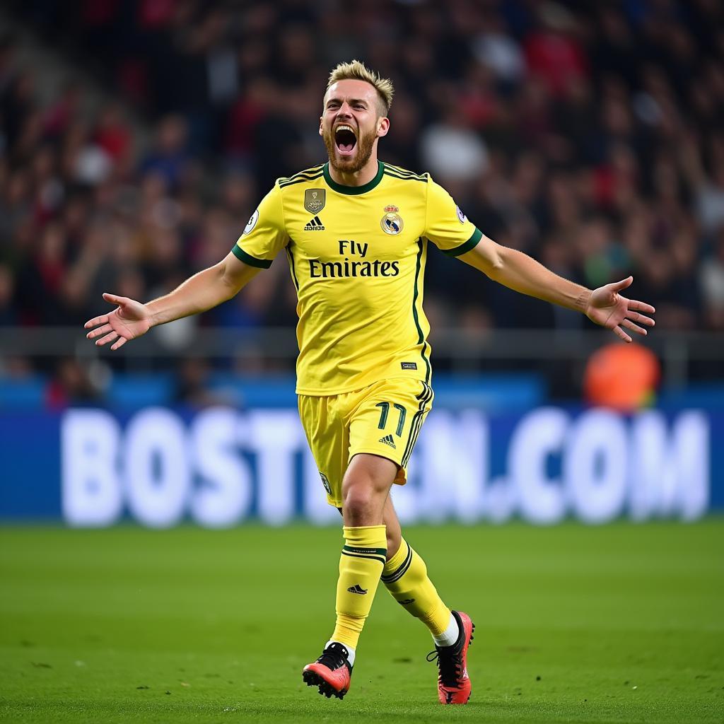 Haaland celebrating a goal against Real Madrid, hinting at future battles