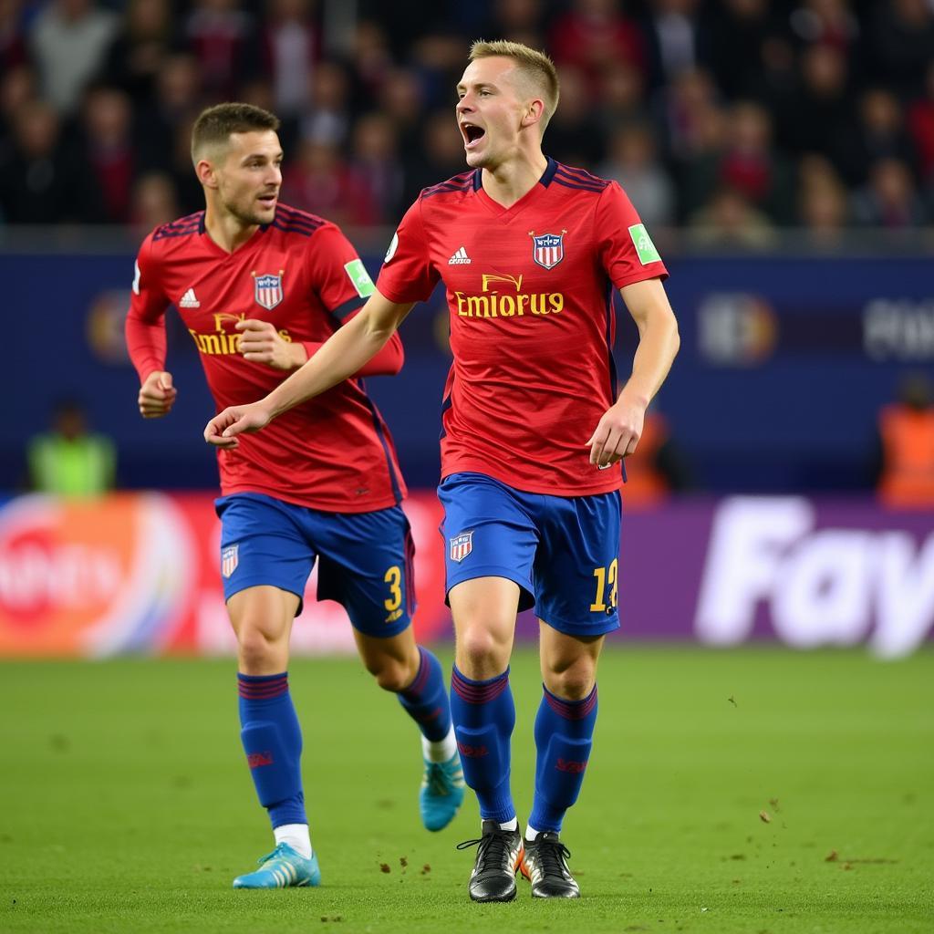 Haaland celebrating a goal after a Meunier assist