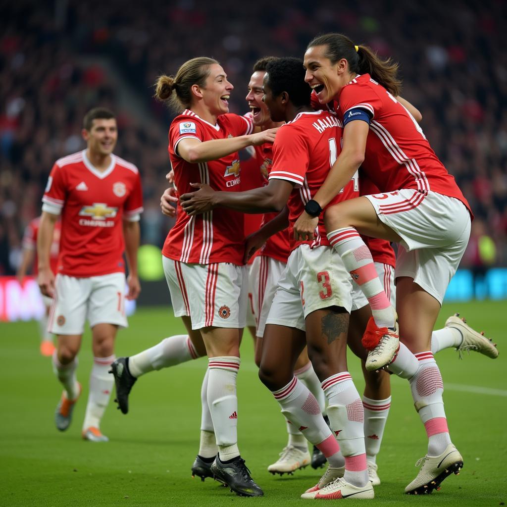 Haaland celebrating a goal with his Manchester City teammates