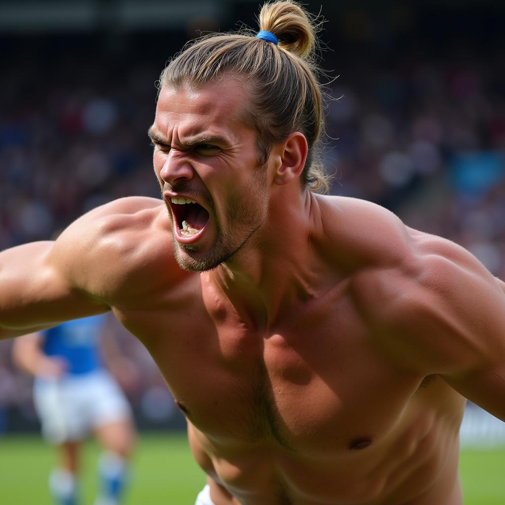 Haaland celebrating a goal after a powerful finish.