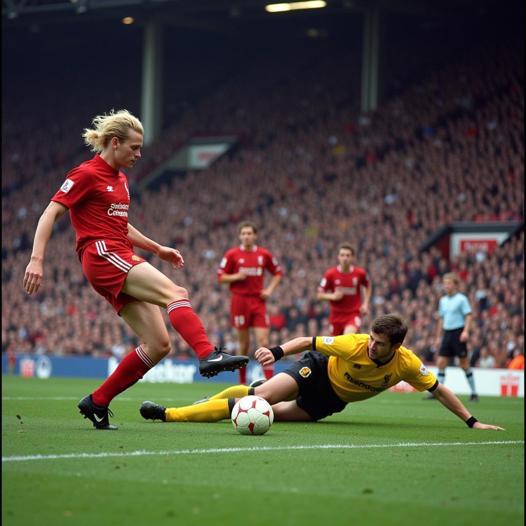 Haaland scoring against Liverpool at Anfield