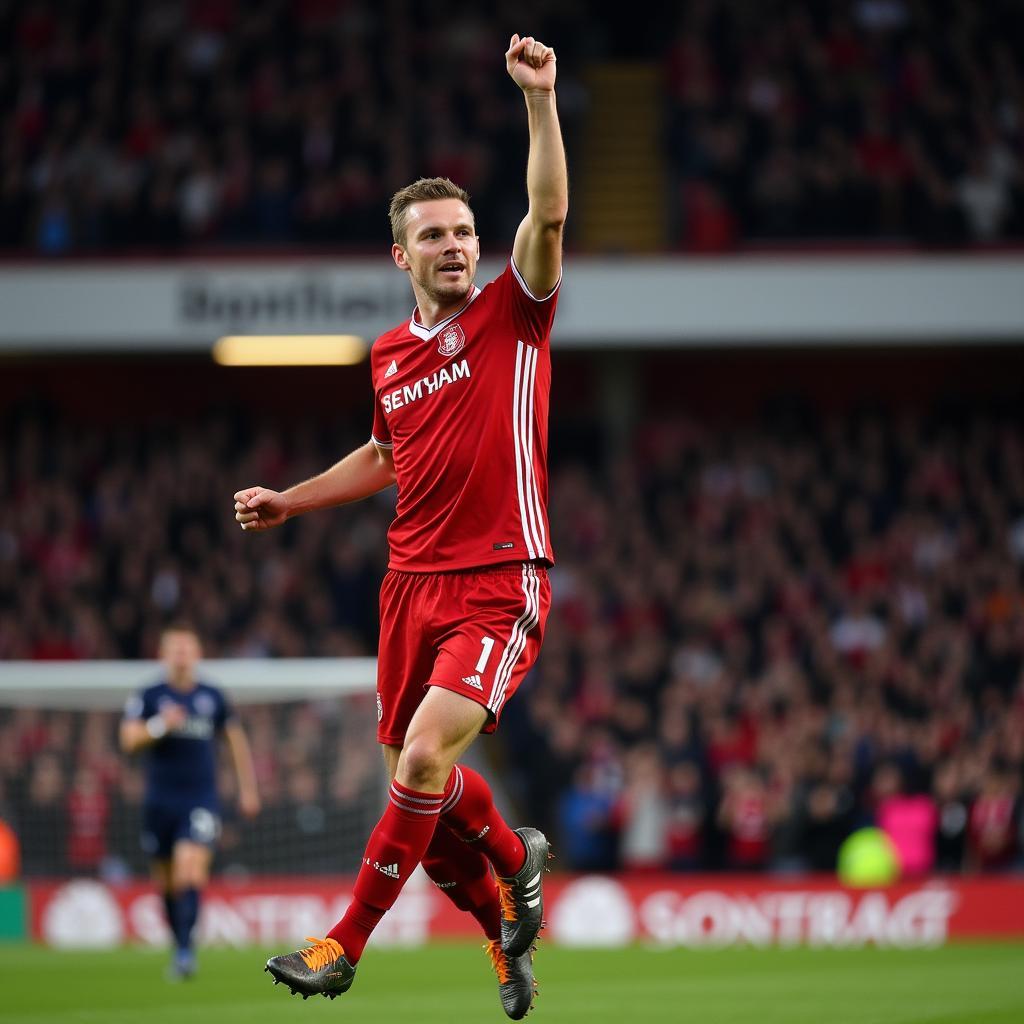 Erling Haaland celebrates a goal in the Premier League, showcasing his signature celebration with a fist pump and a determined expression.