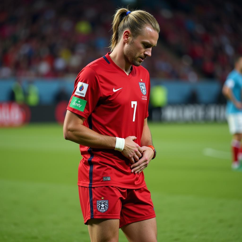 Erling Haaland holding his groin after an injury.