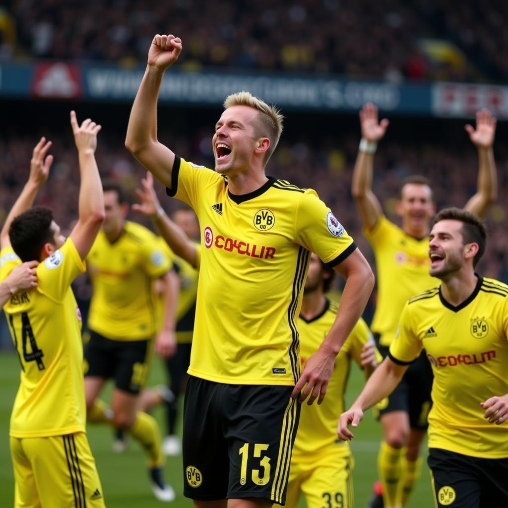 Erling Haaland scores a hat trick for Borussia Dortmund, celebrating with his teammates.