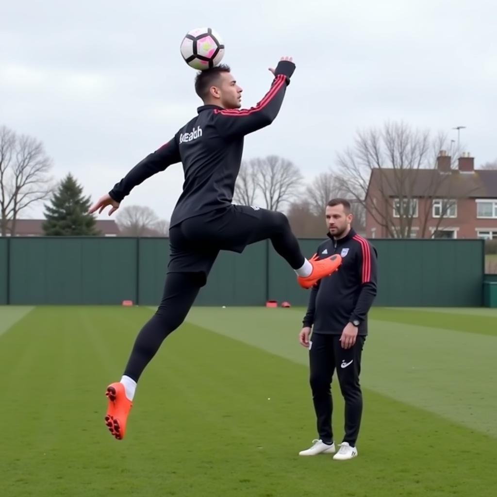 Haaland practices headers during a training session, demonstrating his commitment to perfecting his technique.