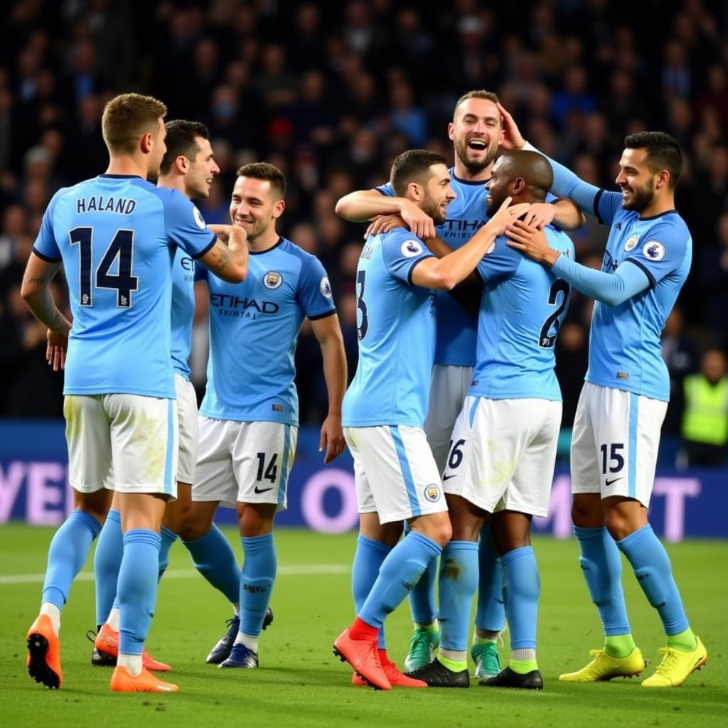 Erling Haaland high-fives his Man City teammates after scoring a crucial goal. The team is celebrating their success.