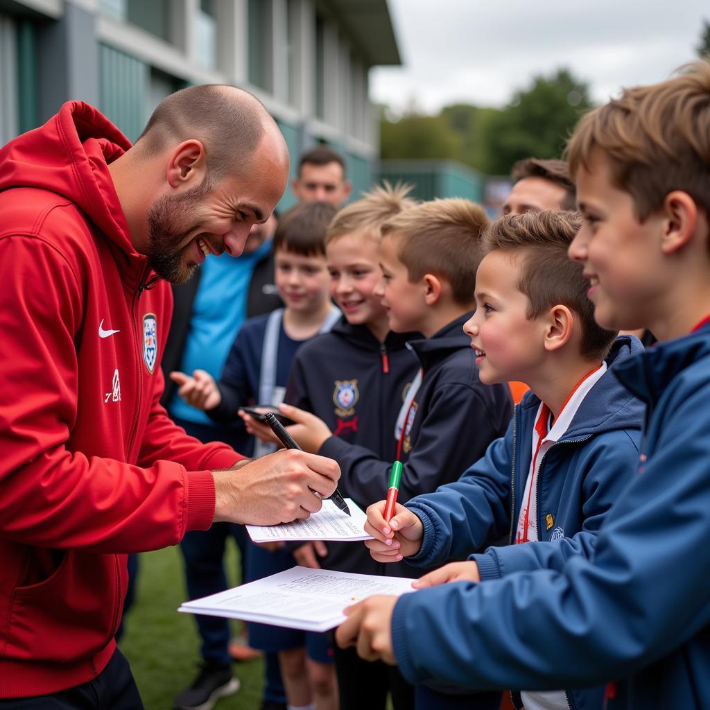 Erling Haaland interacting with young fans, inspiring them with his "one more" goal-scoring philosophy.