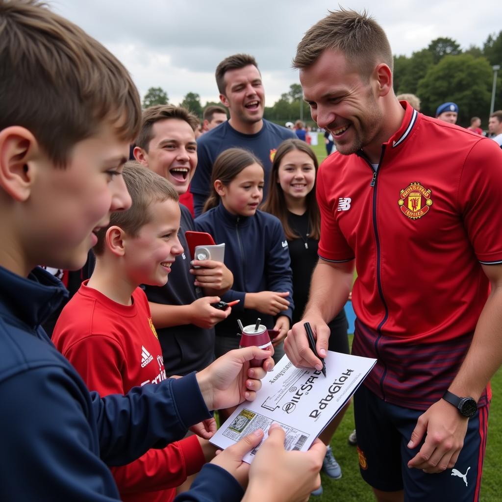 Erling Haaland interacting with young fans, signing autographs and taking pictures, showcasing his role as a role model and inspiration for the next generation.