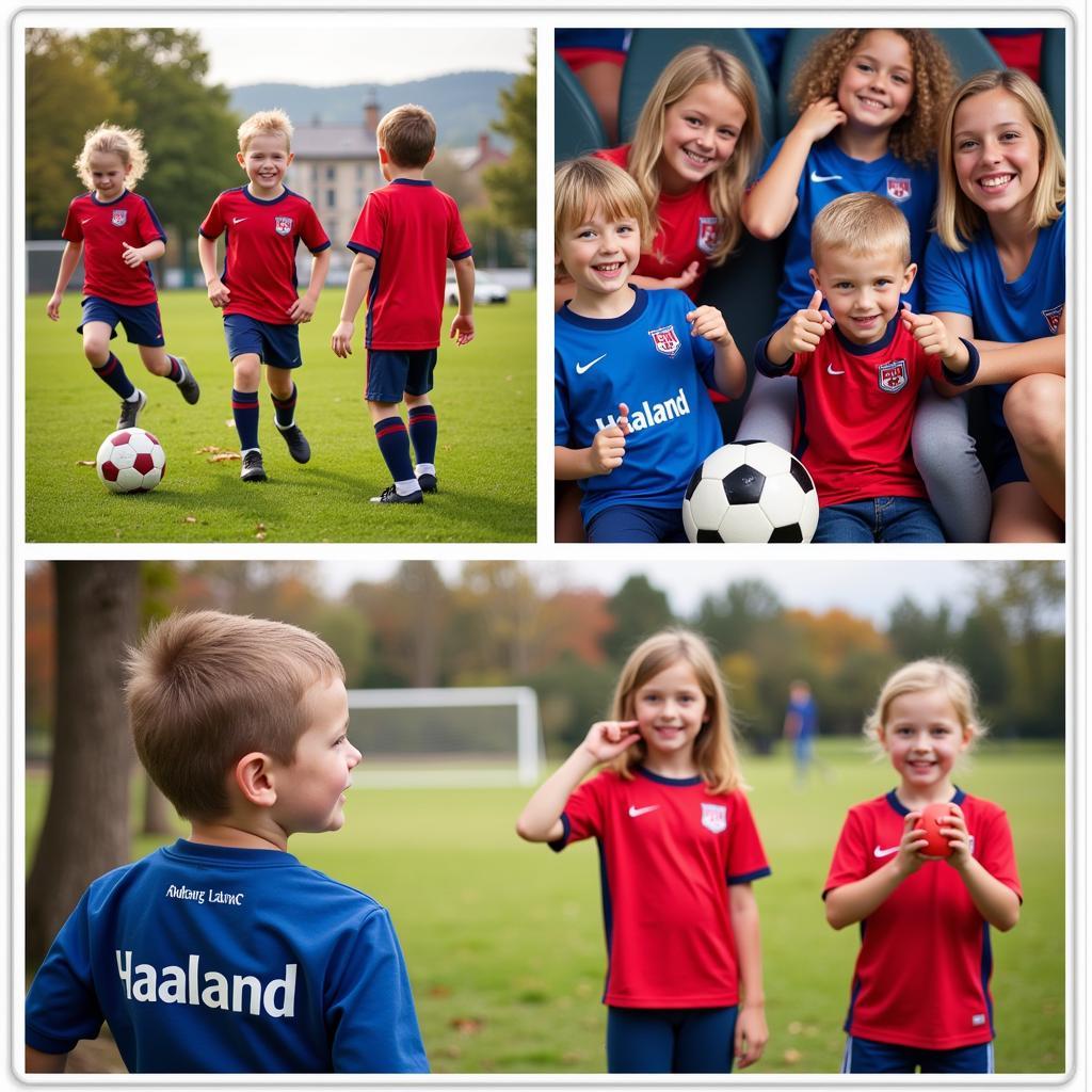 Benefits of Owning a Haaland Kids Football Shirt: A photo collage showcasing different children wearing Haaland jerseys in various settings – playing football, watching a game, and posing for photos – highlighting the versatility and joy of owning the jersey.