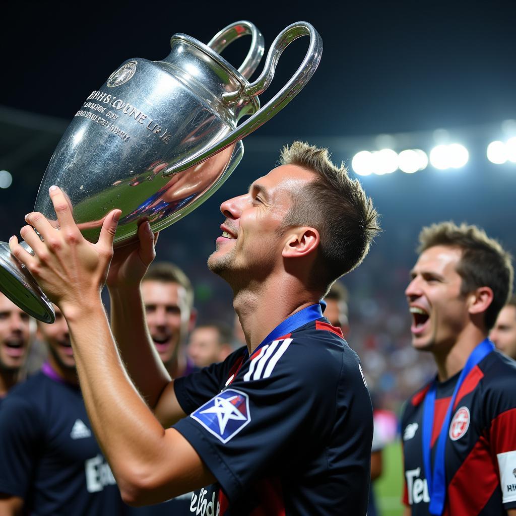 Erling Haaland kissing the Champions League trophy after a victorious final.