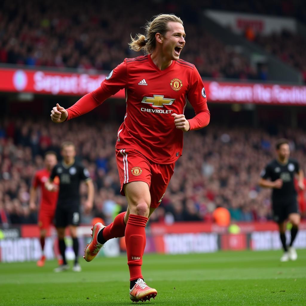 Erling Haaland celebrating a goal in a packed League Two stadium