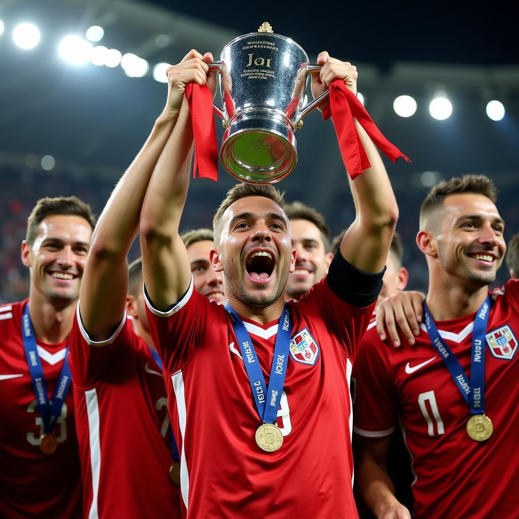 Haaland lifting a trophy with his team, signifying his contribution to team success, a key factor in Ballon d'Or contention.