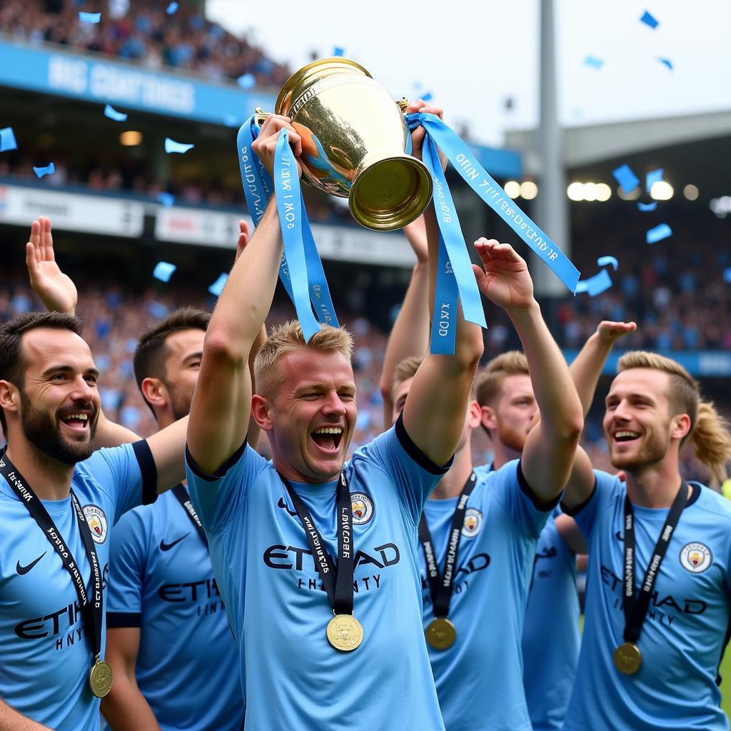 Erling Haaland Lifting a Trophy with Manchester City