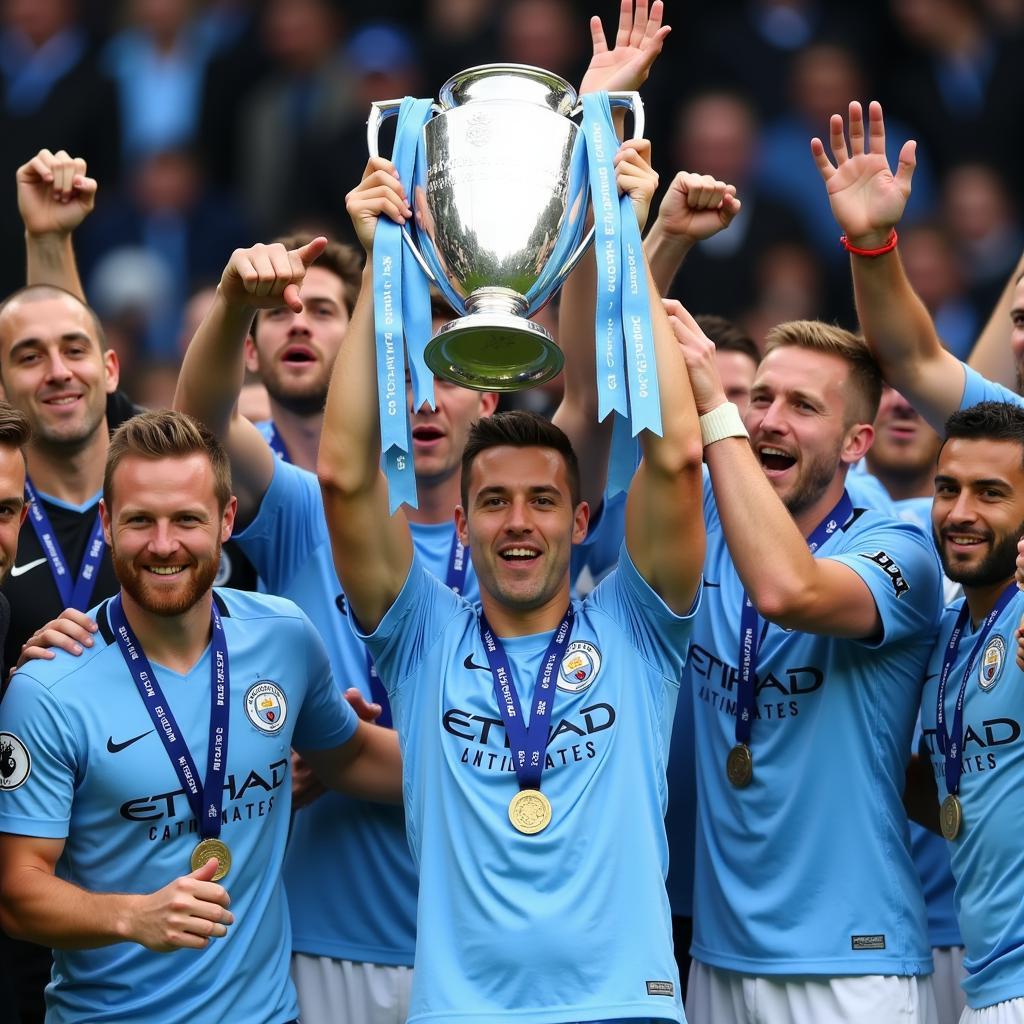 Haaland lifting a trophy with Manchester City