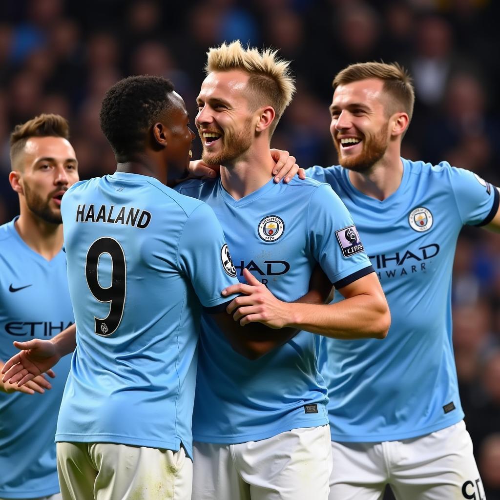 Haaland celebrates with his Man City teammates after scoring